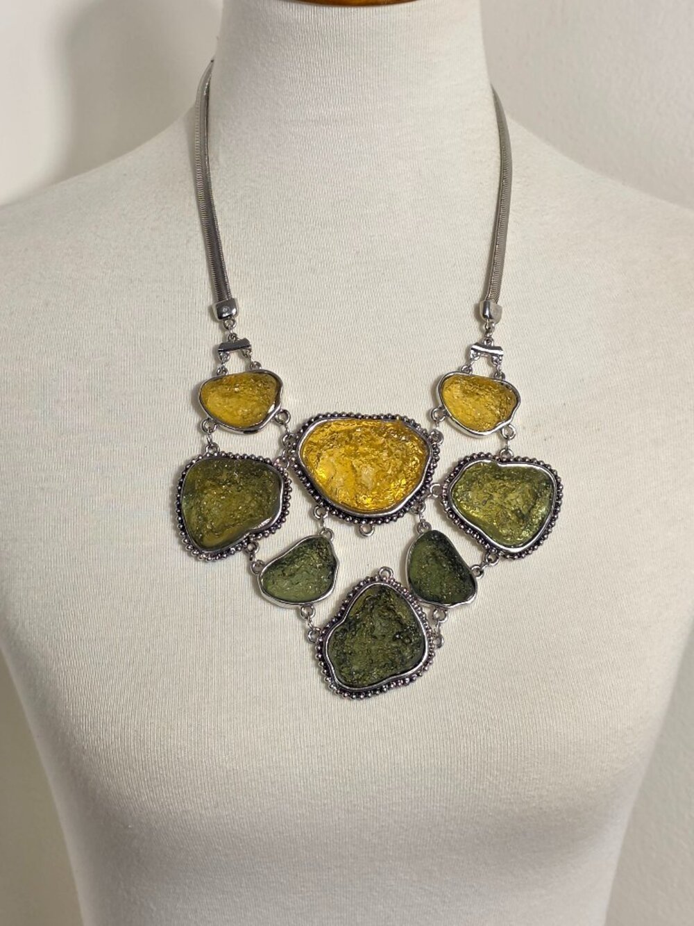 Chico's Bib-Style Statement Necklace Large Green & Yellow Textured Stones
